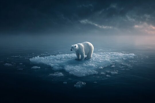 Lone polar bear standing on melting ice floe in dark Arctic sea