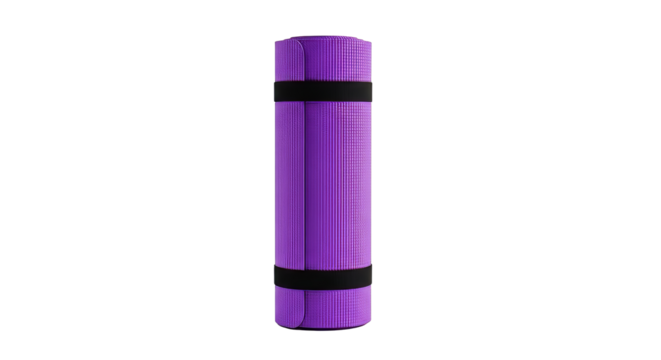 Rolled purple yoga mat secured with black straps perfect for fitness exercise and meditation sessions at home or in the studio on transparent background