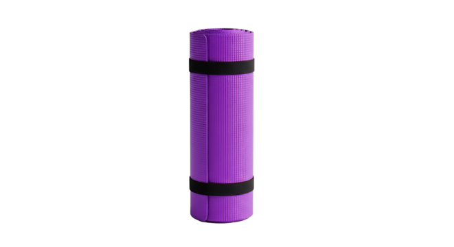 Rolled purple yoga mat secured with black straps perfect for fitness enthusiasts and home workouts promoting wellness and flexibility on transparent background