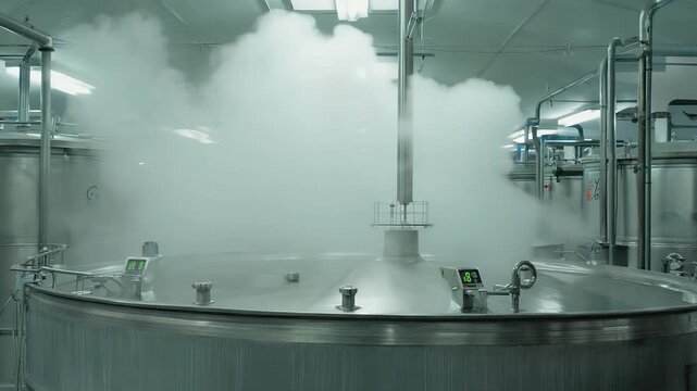 Steam rises from a large insulated mash vessel as the temperature climbs, creating bubbles in a clean distillery room filled with silver tanks and pressure gauges