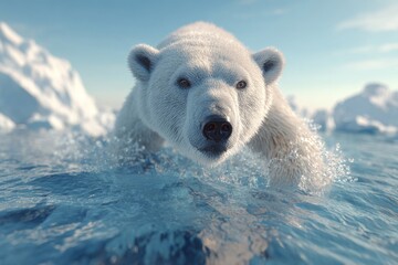 Polar bear swimming in icy Arctic water close-up