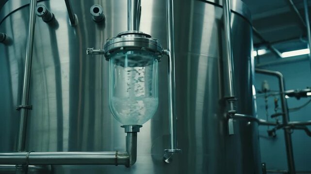 Rhythmic bubbling is heard as carbon dioxide escapes from the transparent airlock of a tall steel fermenter. The dim, cool lighting enhances the fermentation environment
