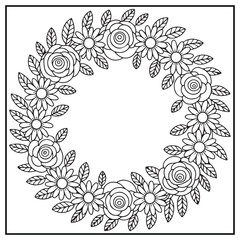 Botanical Wreath Coloring Page – Decorative Floral Circle Line Art for Kids and Adult Coloring Book, Hand Drawn Flower Vector Illustration