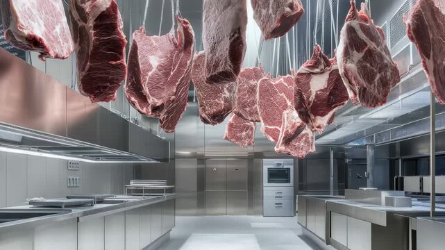 In a contemporary meat processing area, various cuts of beef hang from hooks, showcasing a clean and organized kitchen setting with stainless steel surfaces and equipment.