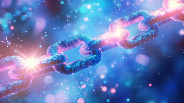 Colorful chains float against a dreamy cosmic backdrop filled with sparkling stars and vibrant hues, symbolizing strength and unity in a surreal artistic representation.