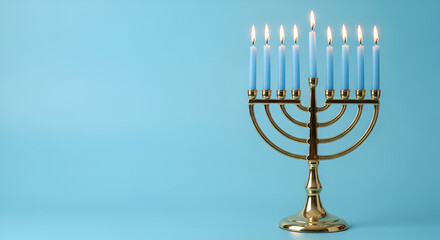 Menorah With Lit Blue Candles On Blue Background hanukkah