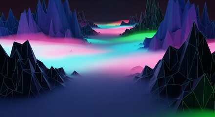 Experience the vibrant allure of a low poly neon dreamscape, perfect for tech, gaming, or modern design projects, with its captivating and futuristic feel