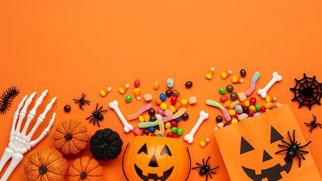 Halloween Candy And Decorations On Orange Background - Powered by Adobe