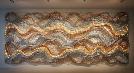 Stunning metallic wall art installation with flowing lines and warm ambient lighting creates a sophisticated and inviting atmosphere for modern interiors