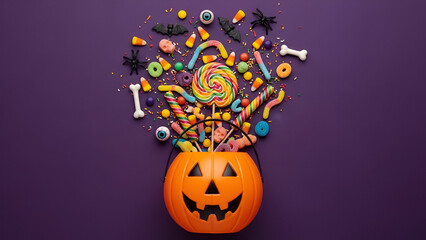 Halloween Candy Overflowing from Pumpkin Bucket on Purple Background