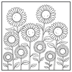 Sunflower Pattern Coloring Page &ndash; Tall Sunflowers Botanical Line Art for Kids and Adult Coloring Book, Hand Drawn Floral Illustration