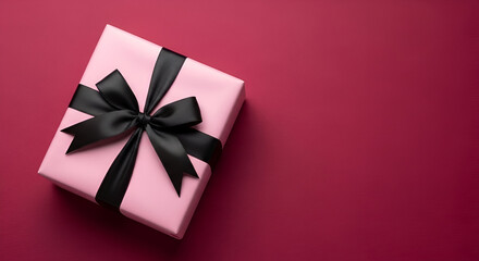 Pink Gift Box with Black Ribbon on Deep Pink Background