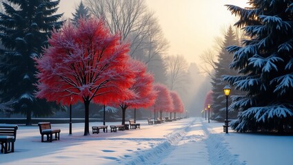 Winter Pathway with Scarlet Trees and Snowy Benches