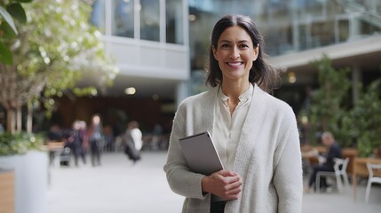 Portrait of a young businesswoman using a tablet computer in the city. Portrait of smiling mature businesswoman holding digital tablet in modern office lobby.