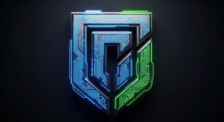 "A highly detailed, professional esports logo of a futuristic metallic shield incorporating an abstract letter or symbol. The logo is split into two halves: one side features glowing neon blue circuit