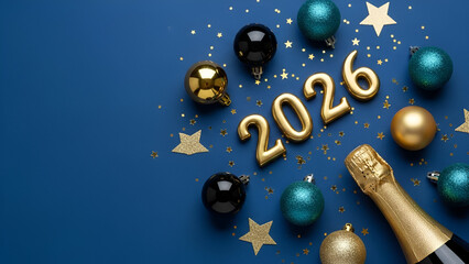 New Year 2026 Celebration with Champagne and Ornaments