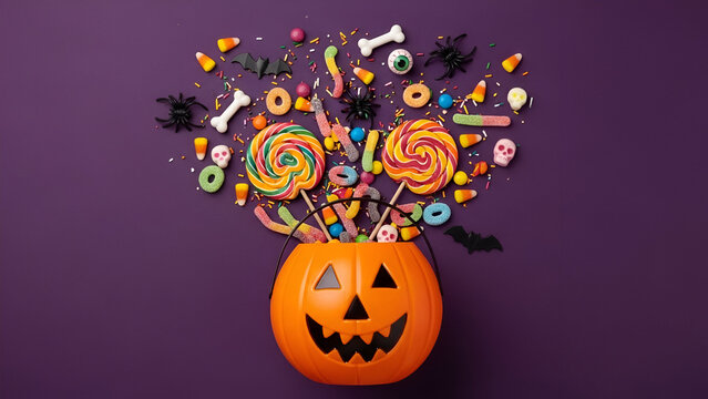 Halloween Candy Overflowing from Pumpkin Bucket sweets