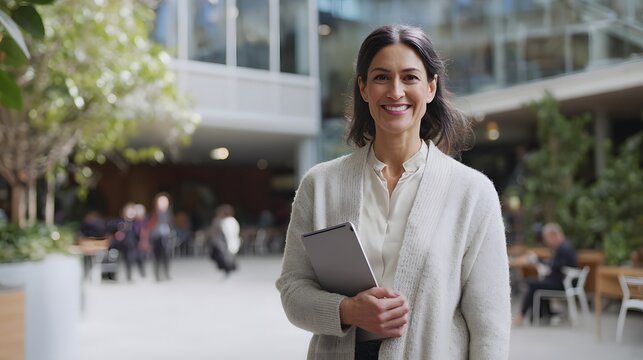 Portrait of a young businesswoman using a tablet computer in the city. Portrait of smiling mature businesswoman holding digital tablet in modern office lobby.