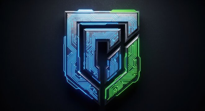 "A highly detailed, professional esports logo of a futuristic metallic shield incorporating an abstract letter or symbol. The logo is split into two halves: one side features glowing neon blue circuit - Powered by Adobe