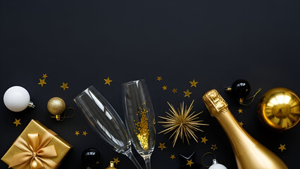 New Year Celebration Flat Lay with Champagne and Gifts