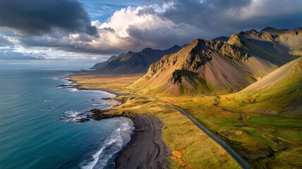 Scenic iceland road winding through dramatic mountains and rugged coastline at sunset, aerial view of breathtaking natural landscape with vibrant sky and serene coastal scenery