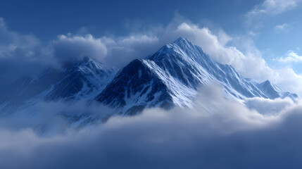 Obraz premium Majestic Mountain Peaks: Towering, snow-capped mountain peaks piercing through a sea of fluffy, ethereal clouds. A breathtaking display of natural grandeur.