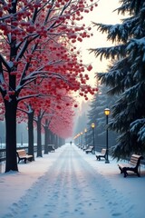 Winter Pathway with Scarlet Trees and Snowy Benches