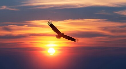 The Eagle and Sunset (The silhouette of an eagle flying against an orange and red sunset)