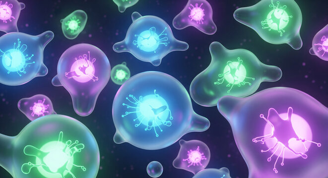 Vibrant, glowing pathogens under a microscope create a stunningly modern medical visualization for scientific research and pharmaceutical development