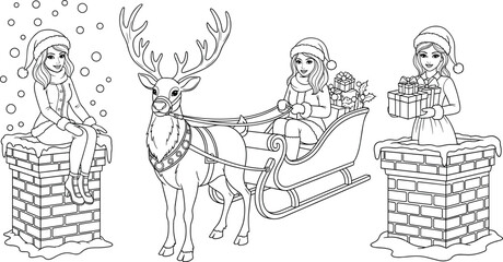 Cute Christmas girls delivering presents, Santa hats, reindeer, sleigh, snow, chimney on roof, winter holiday, black and white coloring page vector.