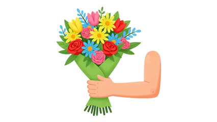 A hand holding a vibrant bouquet of assorted fresh flowers wrapped in green paper, perfect for celebrations