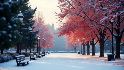 Snowy Park Pathway with Glowing Red Trees