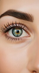 "Extreme close-up of a striking green and blue eye, featuring detailed long eyelashes, perfectly shaped dark eyebrows, and a reflective pupil, studio lighting."