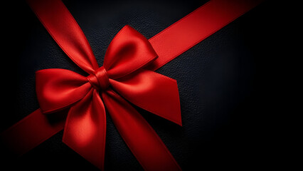 Red Satin Ribbon Bow on Dark Background Keywords: red ribbon, bow, gift, present, celebration