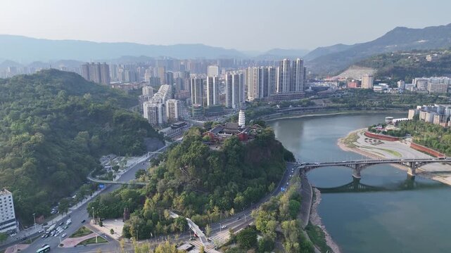 Dazhou Sichuan Aerial View with Ancient Longzhu Temple Pagoda and Modern City