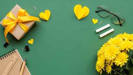 Teacher's Day flat lay with gift and flowers appreciation