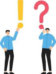 Caution and alert call and Tell stories, speak loudly to attract attention and interest, important information or confidential facts, businessman talking with speech bubble as exclamation mark.
