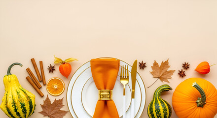 Thanksgiving Table Setting with Pumpkins and Autumn Decor