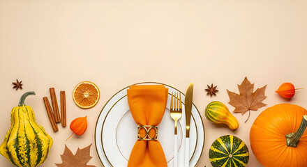 Thanksgiving Table Setting with Pumpkins and Autumn Leaves