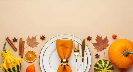 Thanksgiving Table Setting with Pumpkins and Autumn Leaves