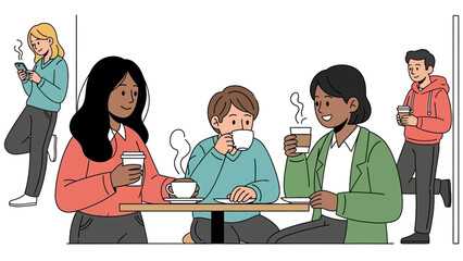 Diverse group of friends enjoying hot coffee and engaging conversation at a modern cafe, fostering connection and relaxation during a pleasant break