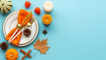 Thanksgiving Table Setting with Pumpkins and Candles on Blue Background
