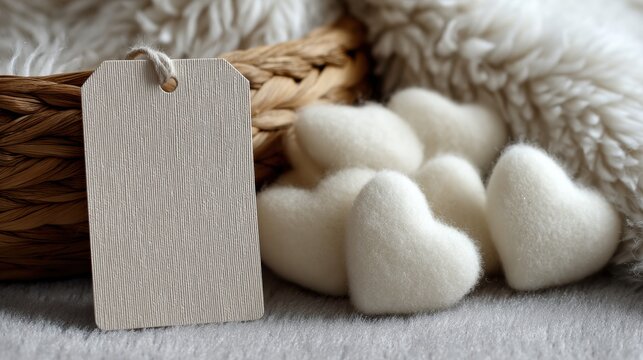 Empty Tag Card on Luxury Velvet Surface Surrounded by Soft Pearl Hearts in a Serene Setting