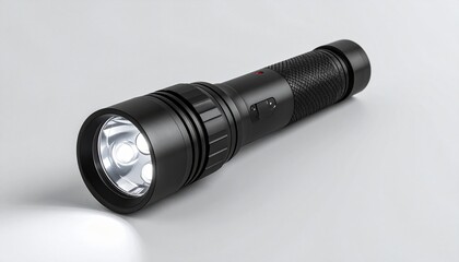 Black LED flashlight on light gray surface.