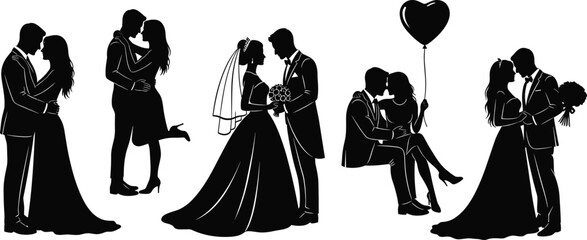 Elegant Black Silhouette Vector Set of Romantic Wedding Couple Poses, Including Bride and Groom Embracing, Dancing, Kissing, and Celebrating Marriage Ceremony for Invitation Design.