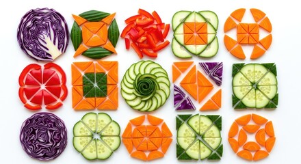 A flat lay features a meticulously arranged grid of fifteen artfully cut and shaped vegetables, including red cabbage, cucumber, and carrot, forming intricate patterns and designs on a pristine white 