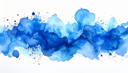 Abstract blue watercolor with fluid organic shapes and splashes.