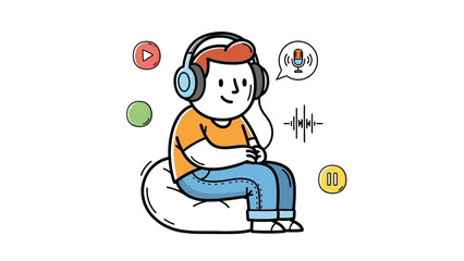 Young person enjoying an immersive audio experience with headphones, listening to music or a podcast, surrounded by sound elements and multimedia icons