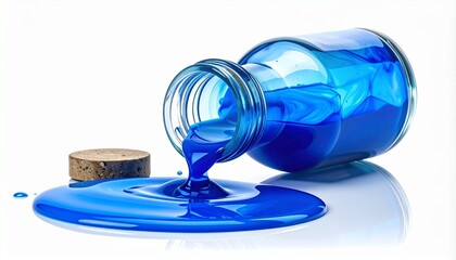 Blue liquid spilling from tipped glass jar on white surface.