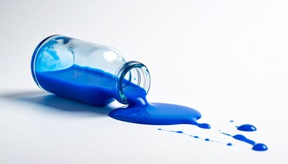 Blue liquid spilling from tipped glass jar on white surface.